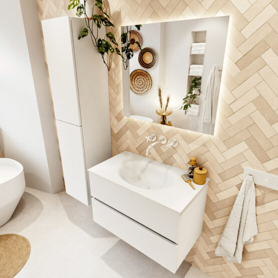 MONDIAZ VICA 80cm mueble de baño Talc 2 cajones. Lavabo MOON Centro sin orificio color Talc con espejo LED.