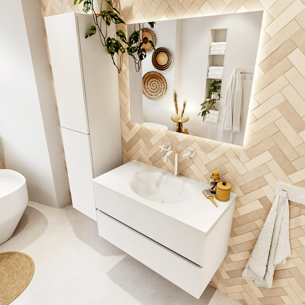 MONDIAZ VICA 90cm mueble de baño Talc 2 cajones. Lavabo MOON Centro 1 orificio color Talc con espejo LED. 1 MONDIAZ VICA 90cm mueble de baño Talc 2 cajones. Lavabo MOON Centro 1 orificio color Talc con espejo LED.