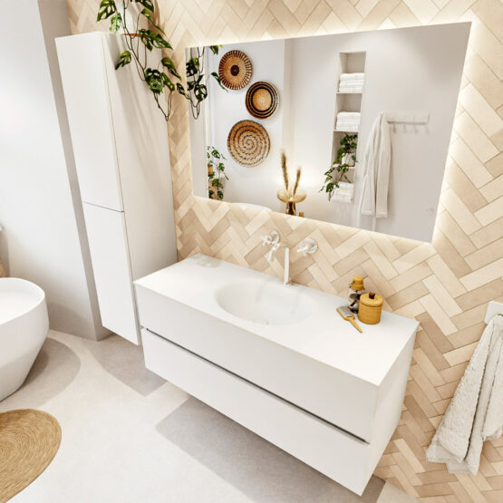 MONDIAZ VICA 120cm mueble de baño Talc 2 cajones. Lavabo MOON Centro 1 orificio color Talc con espejo LED.