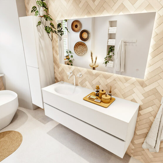 MONDIAZ VICA 140cm mueble de baño Talc 2 cajones. Lavabo MOON Izquierda 1 orificio color Talc con espejo LED.