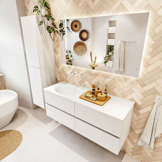 MONDIAZ VICA 130cm mueble de baño Talc 4 cajones. Lavabo MOON Izquierda sin orificio color Talc con espejo LED.