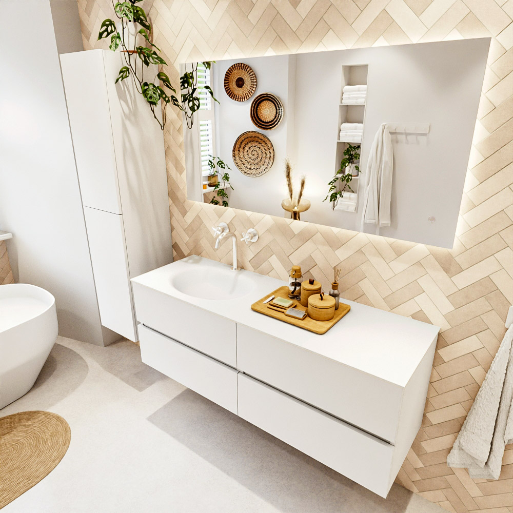 MONDIAZ VICA 140cm mueble de baño Talc 4 cajones. Lavabo MOON Izquierda 1 orificio color Talc con espejo LED. 1 MONDIAZ VICA 140cm mueble de baño Talc 4 cajones. Lavabo MOON Izquierda 1 orificio color Talc con espejo LED.