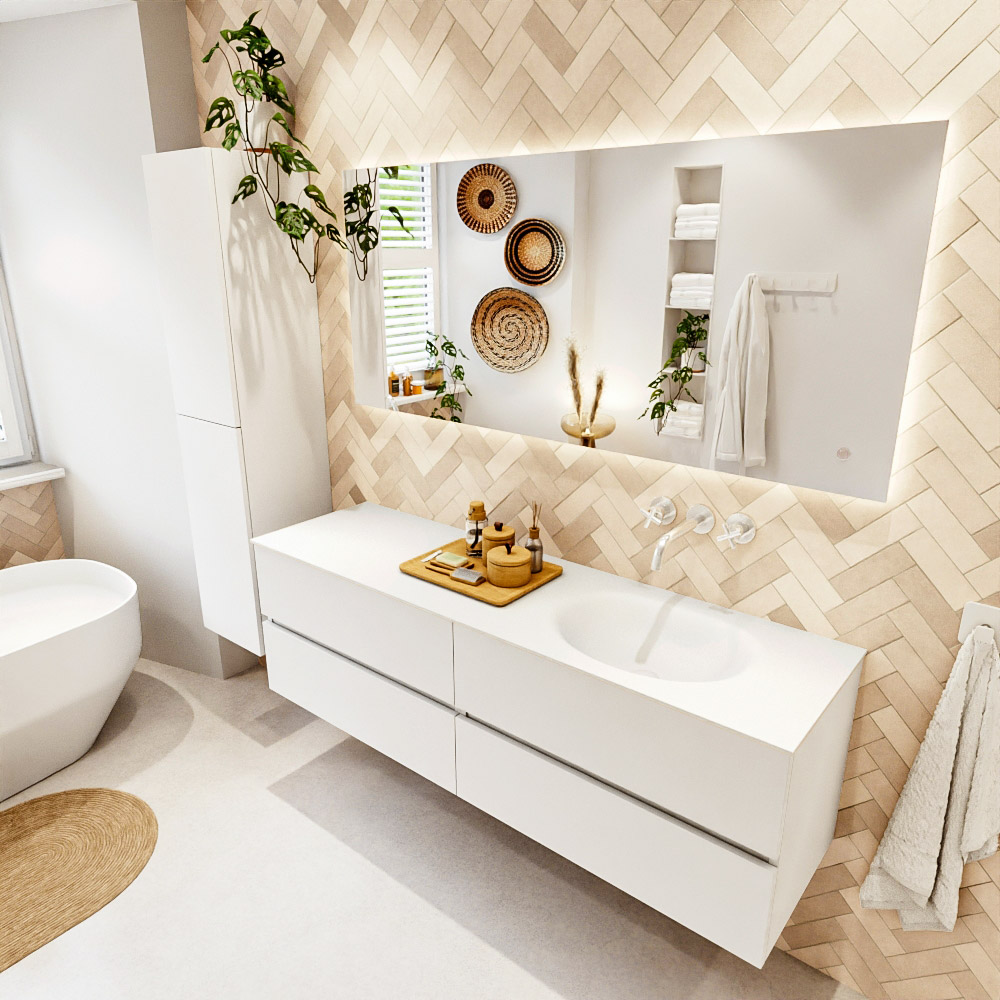 MONDIAZ VICA 160cm mueble de baño Talc 4 cajones. Lavabo MOON Derecho sin orificio color Talc con espejo LED. 1 MONDIAZ VICA 160cm mueble de baño Talc 4 cajones. Lavabo MOON Derecho sin orificio color Talc con espejo LED.