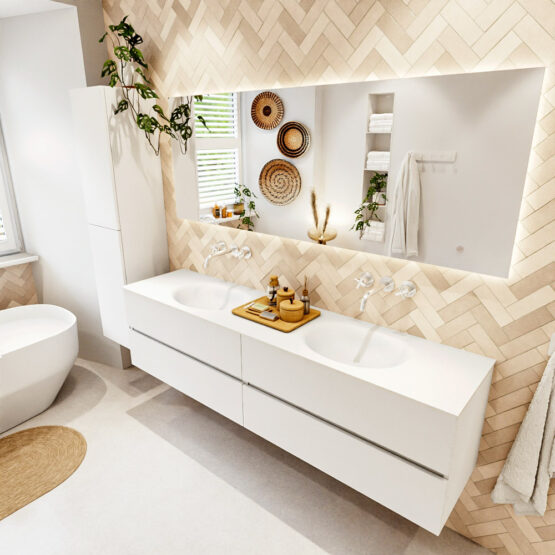 MONDIAZ VICA 190cm mueble de baño Talc 4 cajones. Lavabo MOON Doble sin orificio color Talc con espejo LED.