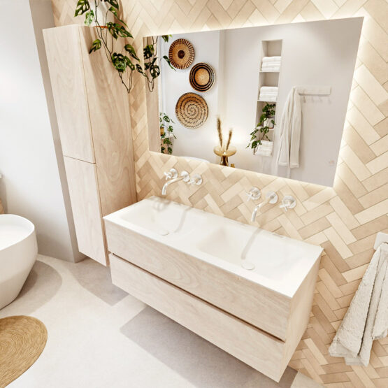 MONDIAZ VICA 120cm mueble de baño Underlayment 2 cajones. Lavabo CLOUD Doble sin orificio color Talc con espejo LED.