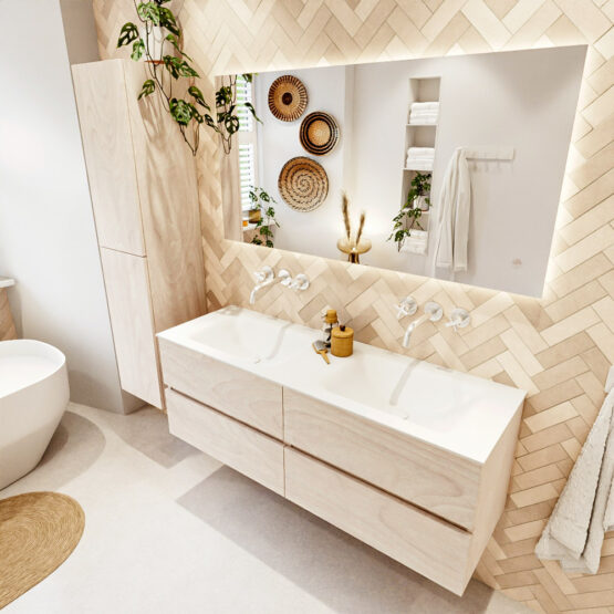 MONDIAZ VICA 140cm mueble de baño Underlayment 4 cajones. Lavabo CLOUD Doble sin orificio color Talc con espejo LED.