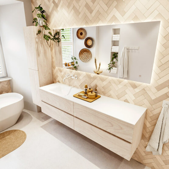 MONDIAZ VICA 180cm mueble de baño Underlayment 4 cajones. Lavabo CLOUD Izquierda sin orificio color Talc con espejo LED.