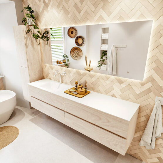 MONDIAZ VICA 200cm mueble de baño Underlayment 4 cajones. Lavabo CLOUD Izquierda 1 orificio color Talc con espejo LED.