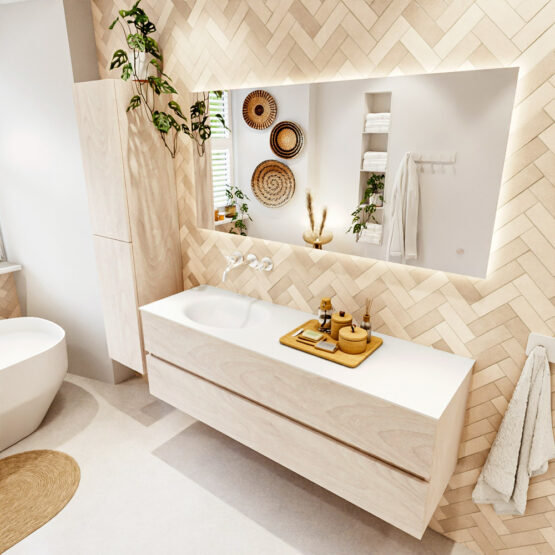 MONDIAZ VICA 150cm mueble de baño Underlayment 2 cajones. Lavabo MOON Izquierda sin orificio color Talc con espejo LED.