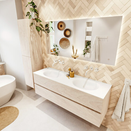 MONDIAZ VICA 150cm mueble de baño Underlayment 2 cajones. Lavabo MOON Doble sin orificio color Talc con espejo LED.