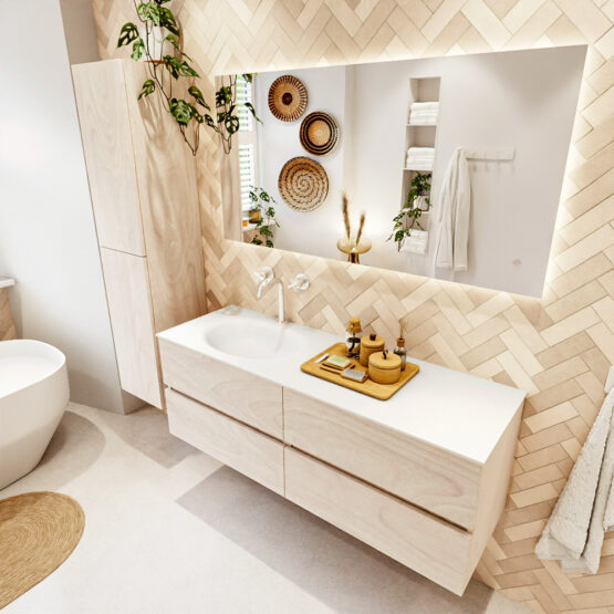 MONDIAZ VICA 140cm mueble de baño Underlayment 4 cajones. Lavabo MOON Izquierda 1 orificio color Talc con espejo LED.