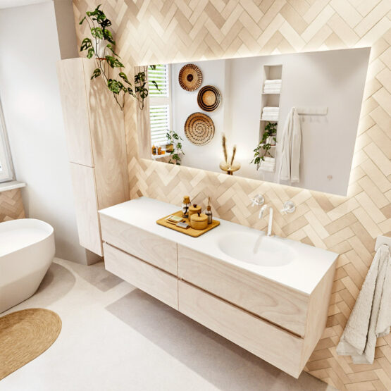 MONDIAZ VICA 160cm mueble de baño Underlayment 4 cajones. Lavabo MOON Derecho 1 orificio color Talc con espejo LED.