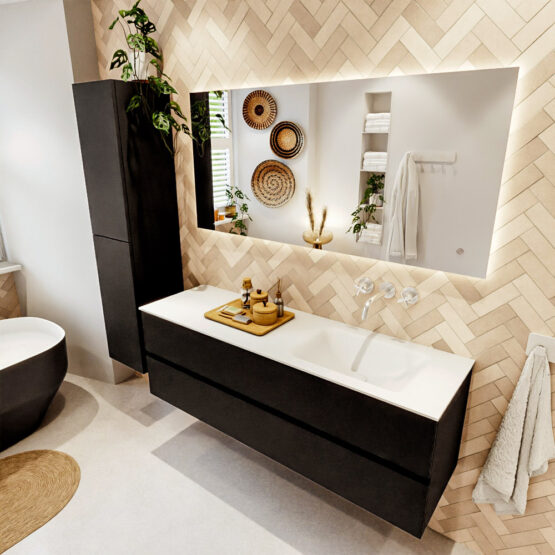 MONDIAZ VICA 150cm mueble de baño Urban 2 cajones. Lavabo CLOUD Derecho sin orificio color Talc con espejo LED.