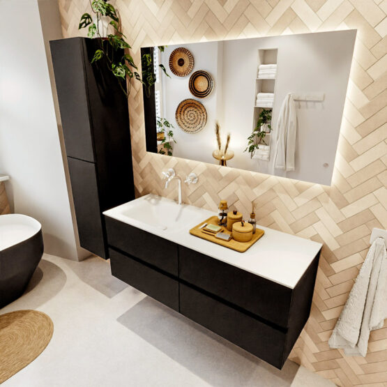 MONDIAZ VICA 130cm mueble de baño Urban 4 cajones. Lavabo CLOUD Izquierda 1 orificio color Talc con espejo LED.