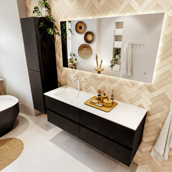 MONDIAZ VICA 140cm mueble de baño Urban 4 cajones. Lavabo CLOUD Izquierda 1 orificio color Talc con espejo LED.