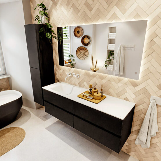 MONDIAZ VICA 150cm mueble de baño Urban 4 cajones. Lavabo CLOUD Izquierda sin orificio color Talc con espejo LED.