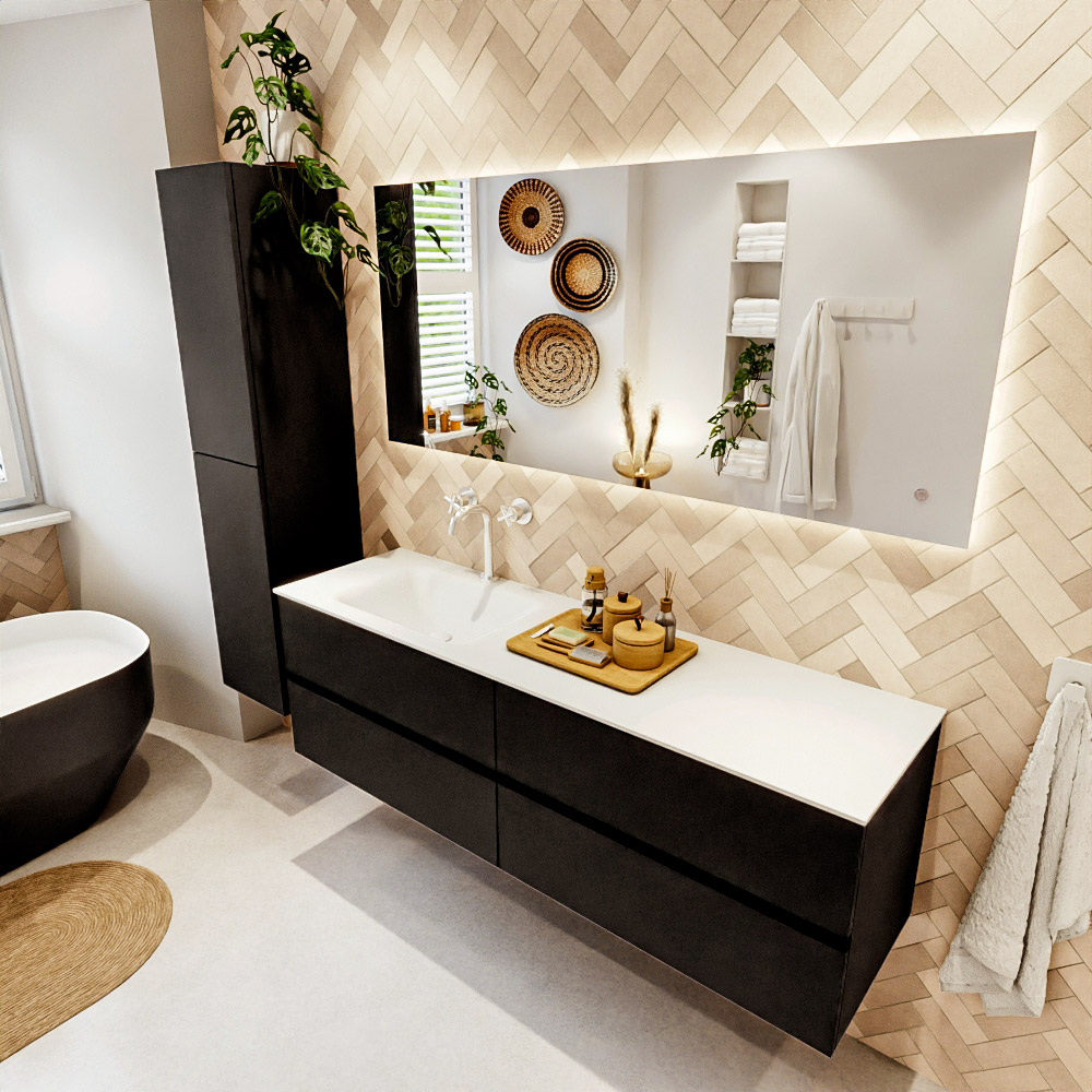 MONDIAZ VICA 160cm mueble de baño Urban 4 cajones. Lavabo CLOUD Izquierda 1 orificio color Talc con espejo LED. 1 MONDIAZ VICA 160cm mueble de baño Urban 4 cajones. Lavabo CLOUD Izquierda 1 orificio color Talc con espejo LED.