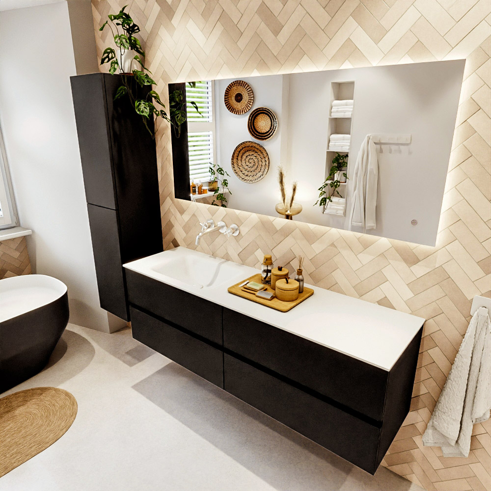 MONDIAZ VICA 160cm mueble de baño Urban 4 cajones. Lavabo CLOUD Izquierda sin orificio color Talc con espejo LED. 1 MONDIAZ VICA 160cm mueble de baño Urban 4 cajones. Lavabo CLOUD Izquierda sin orificio color Talc con espejo LED.