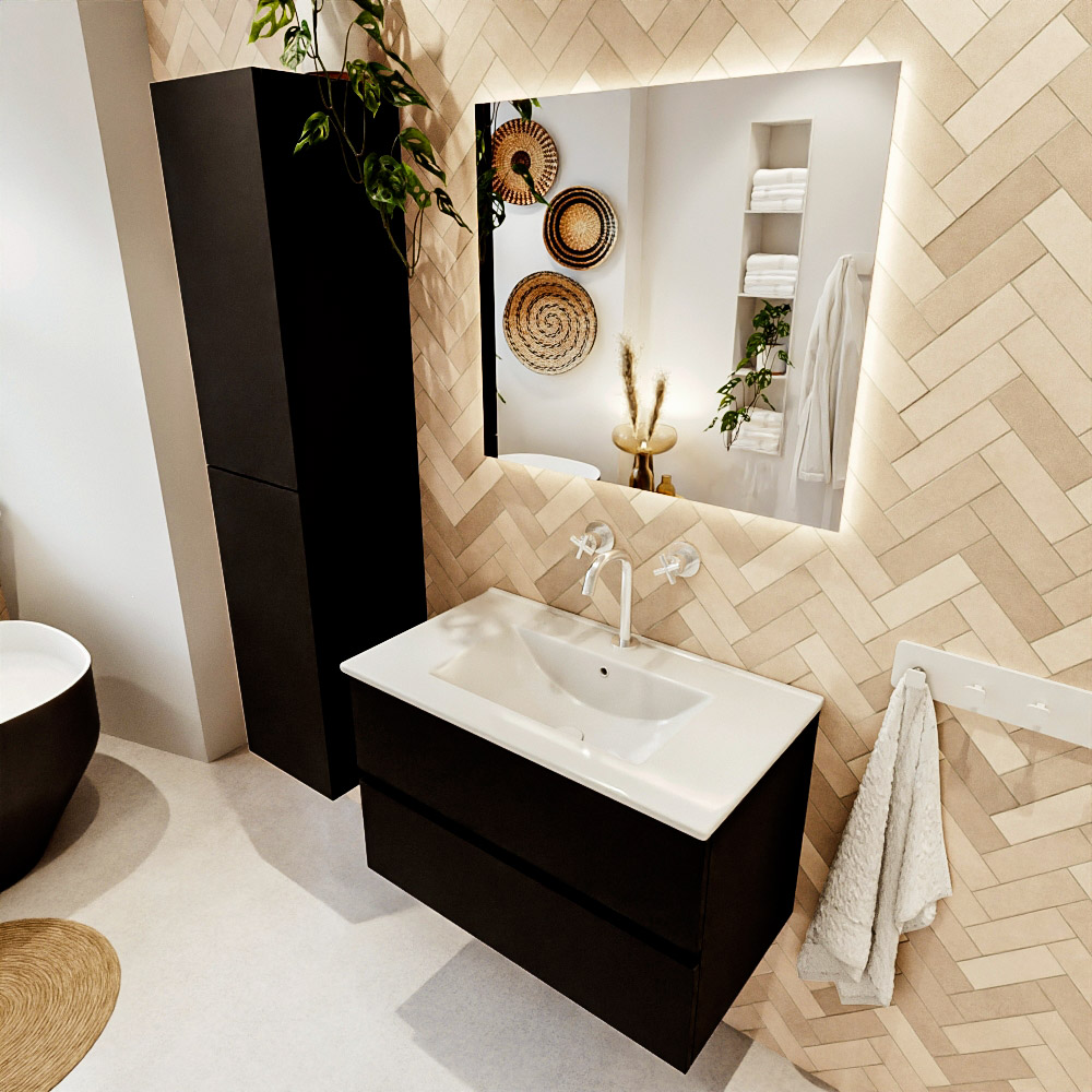 MONDIAZ VICA 80cm mueble de baño Urban 2 cajones. Lavabo DENIA Centro 1 orificio, color Blanco brillo. 1 MONDIAZ VICA 80cm mueble de baño Urban 2 cajones. Lavabo DENIA Centro 1 orificio