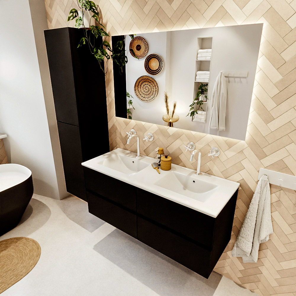 MONDIAZ VICA 120cm mueble de baño Urban 4 cajones. Lavabo DENIA Doble 2 orificios color Blanco brillo con espejo LED. 1 MONDIAZ VICA 120cm mueble de baño Urban 4 cajones. Lavabo DENIA Doble 2 orificios color Blanco brillo con espejo LED.