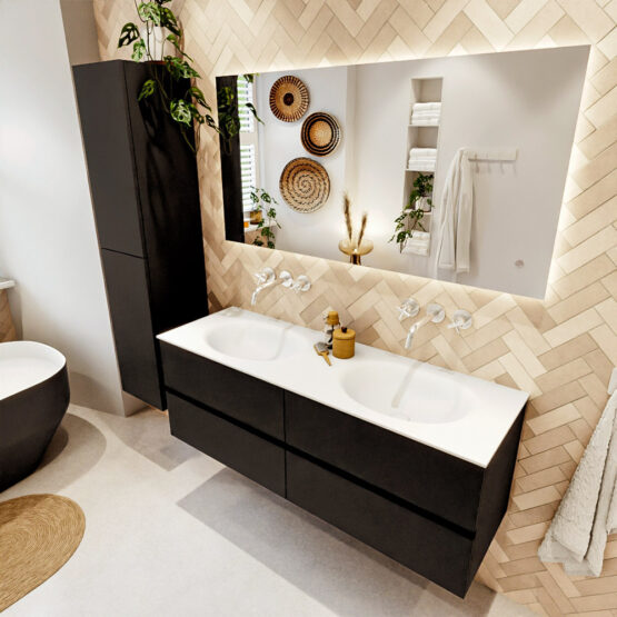 MONDIAZ VICA 140cm mueble de baño Urban 4 cajones. Lavabo MOON Doble sin orificio color Talc con espejo LED.