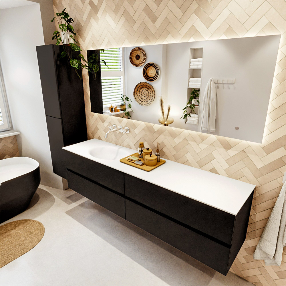 MONDIAZ VICA 190cm mueble de baño Urban 4 cajones. Lavabo MOON Izquierda sin orificio color Talc con espejo LED. 1 MONDIAZ VICA 190cm mueble de baño Urban 4 cajones. Lavabo MOON Izquierda sin orificio color Talc con espejo LED.