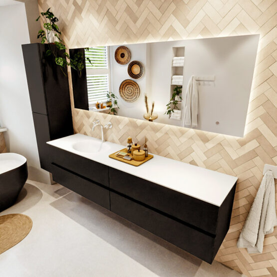 MONDIAZ VICA 200cm mueble de baño Urban 4 cajones. Lavabo MOON Izquierda 1 orificio color Talc con espejo LED.