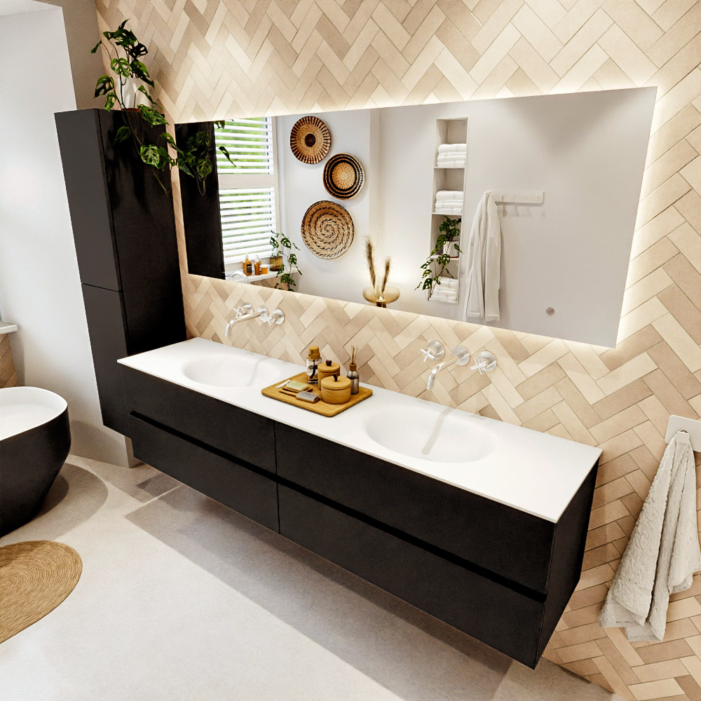 MONDIAZ VICA 200cm mueble de baño Urban 4 cajones. Lavabo MOON Doble sin orificio color Talc con espejo LED. 1 MONDIAZ VICA 200cm mueble de baño Urban 4 cajones. Lavabo MOON Doble sin orificio color Talc con espejo LED.