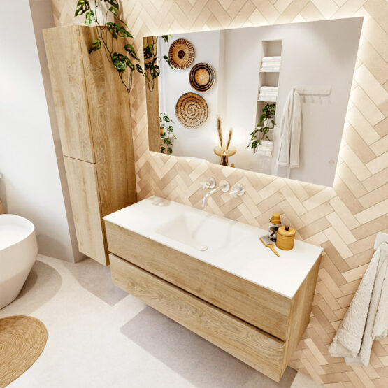 MONDIAZ VICA 120cm mueble de baño Washed Oak 2 cajones. Lavabo CLOUD Centro sin orificio color Talc con espejo LED.