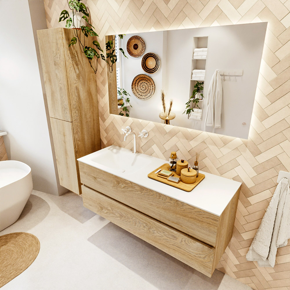MONDIAZ VICA 130cm mueble de baño Washed Oak 2 cajones. Lavabo CLOUD Izquierda 1 orificio color Talc con espejo LED. 1 MONDIAZ VICA 130cm mueble de baño Washed Oak 2 cajones. Lavabo CLOUD Izquierda 1 orificio color Talc con espejo LED.