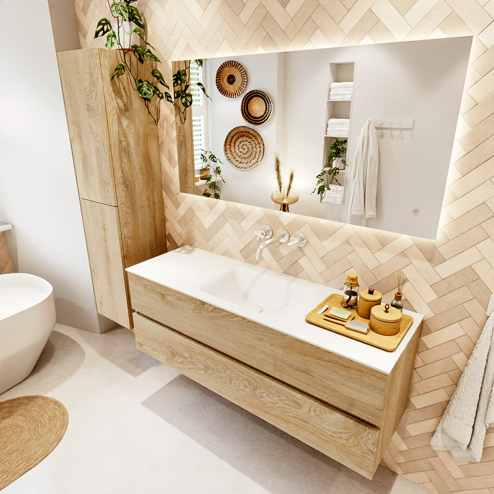 MONDIAZ VICA 140cm mueble de baño Washed Oak 2 cajones. Lavabo CLOUD Centro sin orificio color Talc con espejo LED. 1 MONDIAZ VICA 140cm mueble de baño Washed Oak 2 cajones. Lavabo CLOUD Centro sin orificio color Talc con espejo LED.