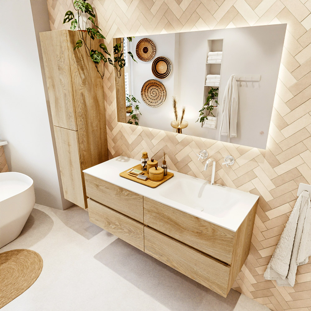 MONDIAZ VICA 130cm mueble de baño Washed Oak 4 cajones. Lavabo CLOUD Derecho 1 orificio color Talc con espejo LED. 1 MONDIAZ VICA 130cm mueble de baño Washed Oak 4 cajones. Lavabo CLOUD Derecho 1 orificio color Talc con espejo LED.