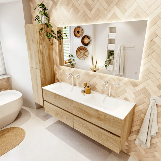 MONDIAZ VICA 150cm mueble de baño Washed Oak 4 cajones. Lavabo CLOUD Doble 2 orificios color Talc con espejo LED.