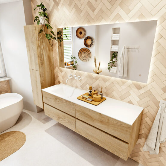 MONDIAZ VICA 160cm mueble de baño Washed Oak 4 cajones. Lavabo CLOUD Izquierda sin orificio color Talc con espejo LED.