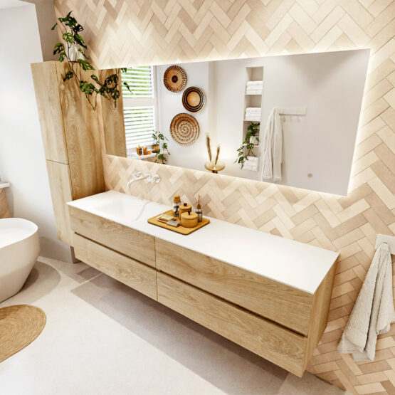 MONDIAZ VICA 200cm mueble de baño Washed Oak 4 cajones. Lavabo CLOUD Izquierda sin orificio color Talc con espejo LED.
