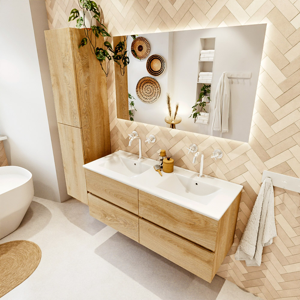MONDIAZ VICA 120cm mueble de baño Washed Oak 4 cajones. Lavabo DENIA Doble 2 orificios color Blanco brillo con espejo LED. 1 MONDIAZ VICA 120cm mueble de baño Washed Oak 4 cajones. Lavabo DENIA Doble 2 orificios color Blanco brillo con espejo LED.
