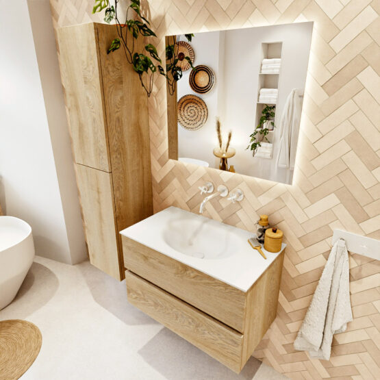 MONDIAZ VICA 80cm mueble de baño Washed Oak 2 cajones. Lavabo MOON Centro sin orificio color Talc con espejo LED.
