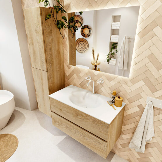 MONDIAZ VICA 90cm mueble de baño Washed Oak 2 cajones. Lavabo MOON Centro 1 orificio color Talc con espejo LED.