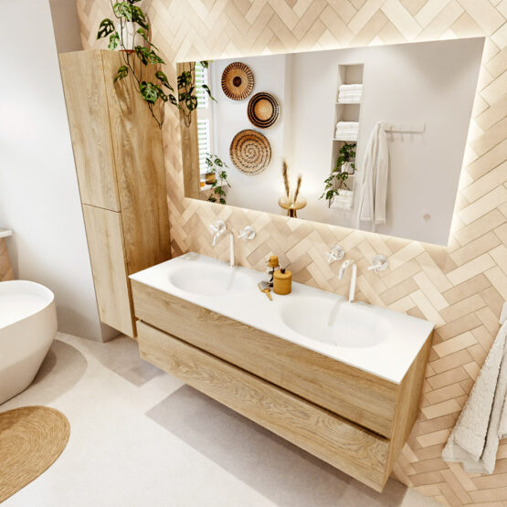 MONDIAZ VICA 140cm mueble de baño Washed Oak 2 cajones. Lavabo MOON Doble 2 orificios color Talc con espejo LED.