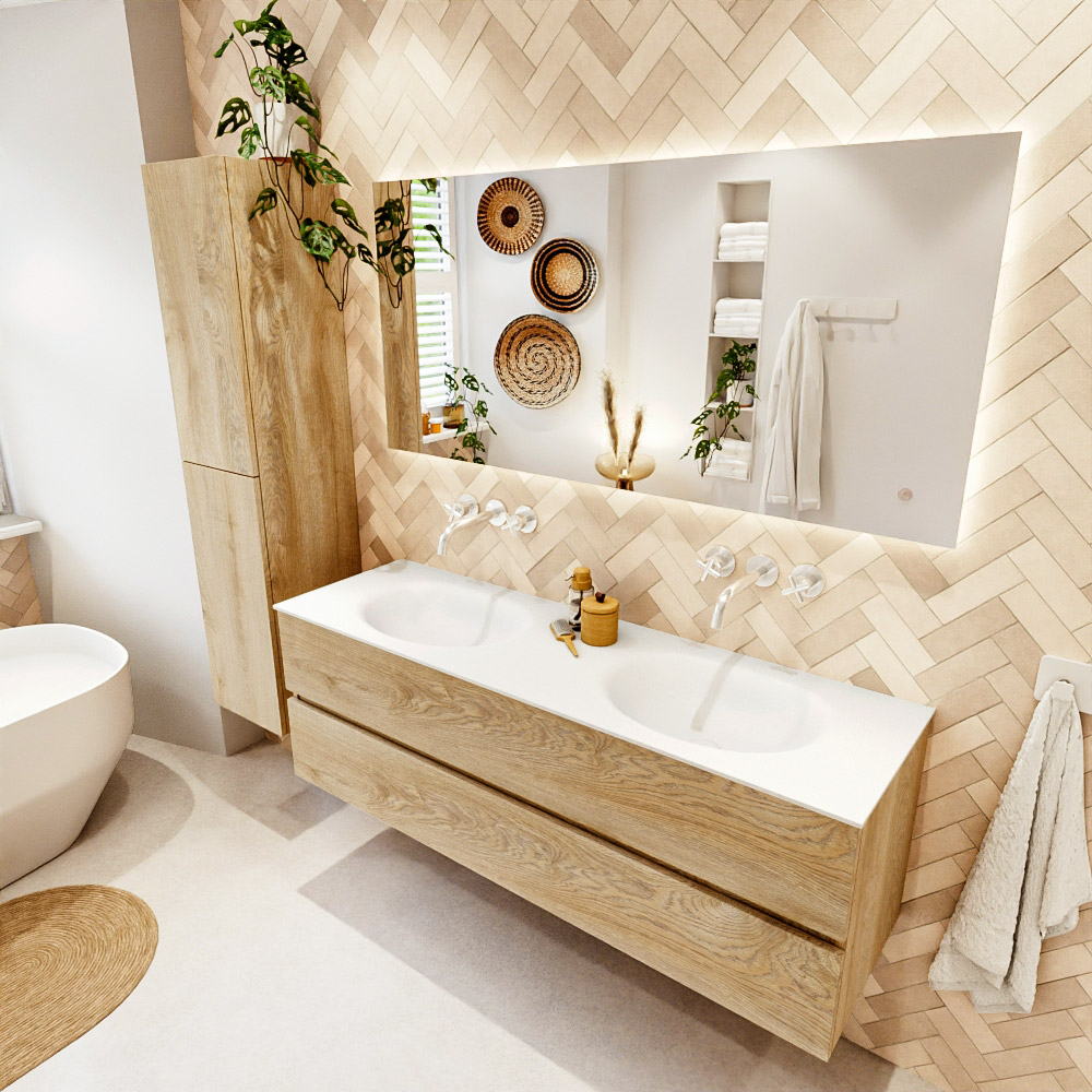 MONDIAZ VICA 150cm mueble de baño Washed Oak 2 cajones. Lavabo MOON Doble sin orificio color Talc con espejo LED. 1 MONDIAZ VICA 150cm mueble de baño Washed Oak 2 cajones. Lavabo MOON Doble sin orificio color Talc con espejo LED.