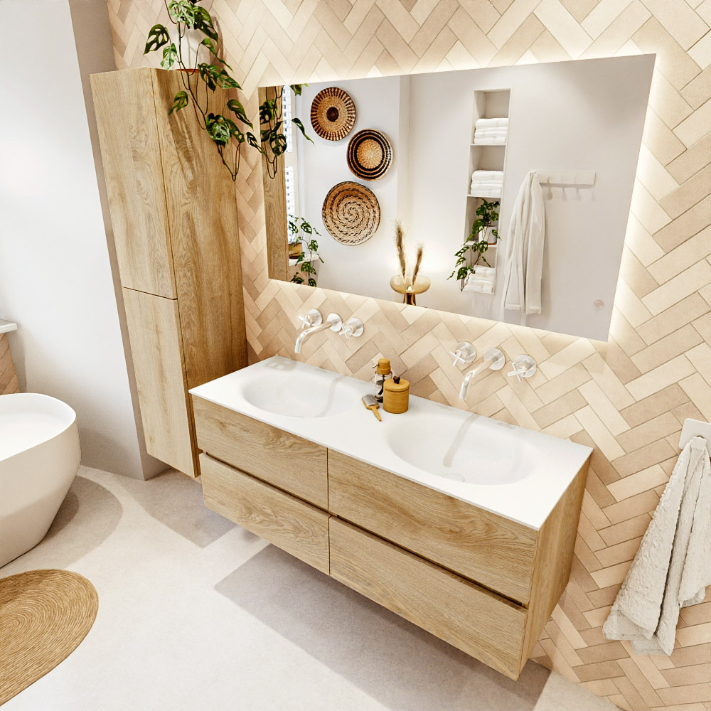 MONDIAZ VICA 130cm mueble de baño Washed Oak 4 cajones. Lavabo MOON Doble sin orificio color Talc con espejo LED. 1 MONDIAZ VICA 130cm mueble de baño Washed Oak 4 cajones. Lavabo MOON Doble sin orificio color Talc con espejo LED.