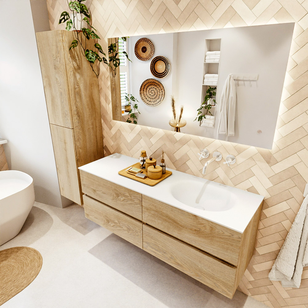 MONDIAZ VICA 140cm mueble de baño Washed Oak 4 cajones. Lavabo MOON Derecho sin orificio color Talc con espejo LED. 1 MONDIAZ VICA 140cm mueble de baño Washed Oak 4 cajones. Lavabo MOON Derecho sin orificio color Talc con espejo LED.