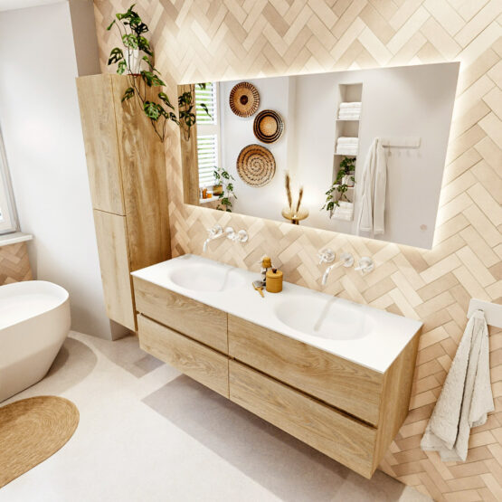 MONDIAZ VICA 150cm mueble de baño Washed Oak 4 cajones. Lavabo MOON Doble sin orificio color Talc con espejo LED.