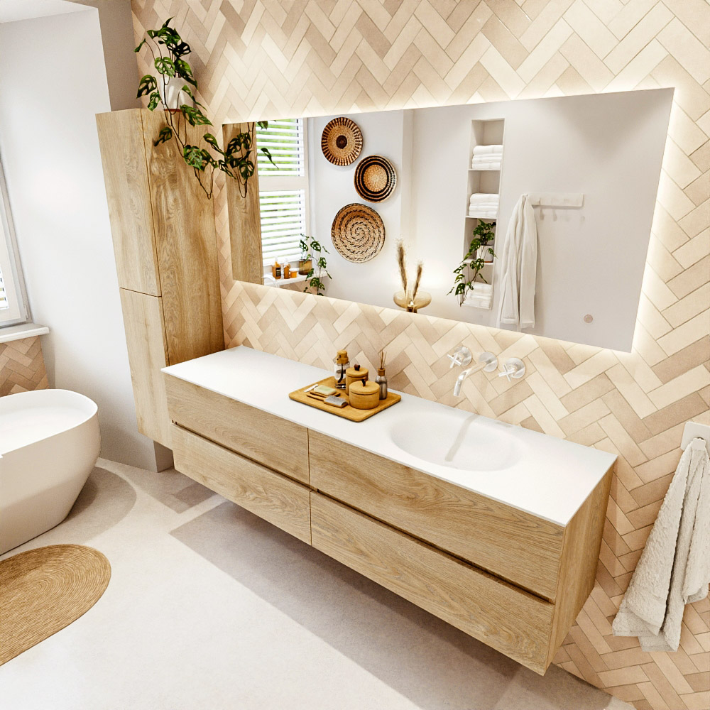 MONDIAZ VICA 180cm mueble de baño Washed Oak 4 cajones. Lavabo MOON Derecho sin orificio color Talc con espejo LED. 1 MONDIAZ VICA 180cm mueble de baño Washed Oak 4 cajones. Lavabo MOON Derecho sin orificio color Talc con espejo LED.