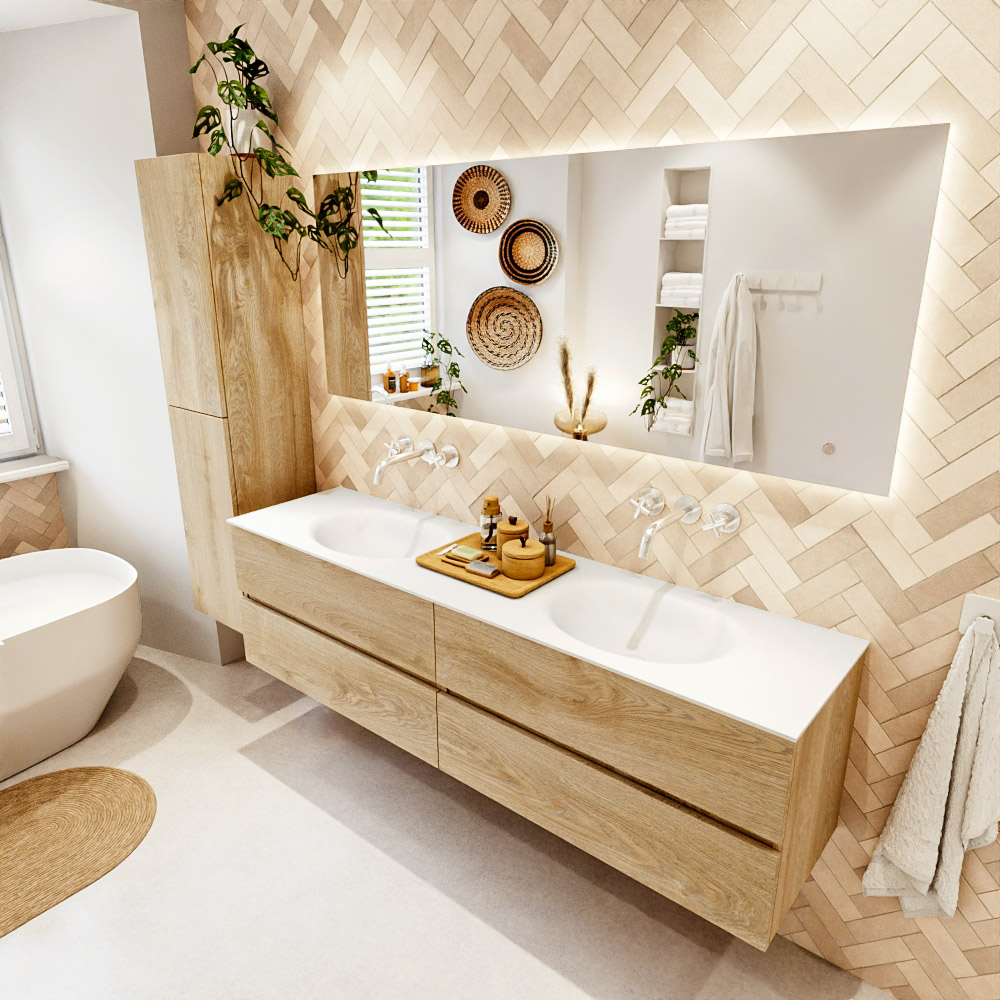 MONDIAZ VICA 180cm mueble de baño Washed Oak 4 cajones. Lavabo MOON Doble sin orificio color Talc con espejo LED. 1 MONDIAZ VICA 180cm mueble de baño Washed Oak 4 cajones. Lavabo MOON Doble sin orificio color Talc con espejo LED.