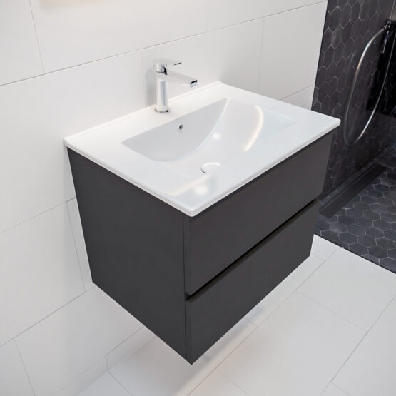 MONDIAZ VICA 60cm mueble de baño Dark Grey 2 cajones lavabo DENIA Centro 1 orificio con espejo LED.