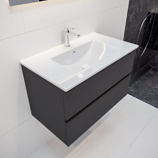 MONDIAZ VICA 80cm mueble de baño Dark Grey 2 cajones lavabo DENIA Centro 1 orificio con espejo LED.