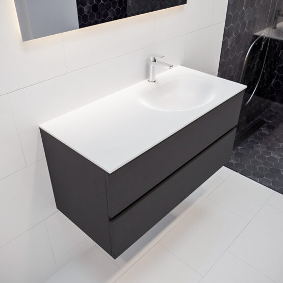 MONDIAZ VICA 100cm mueble de baño Dark Grey 2 cajones lavabo MOON Derecho 1 orificio con espejo LED.