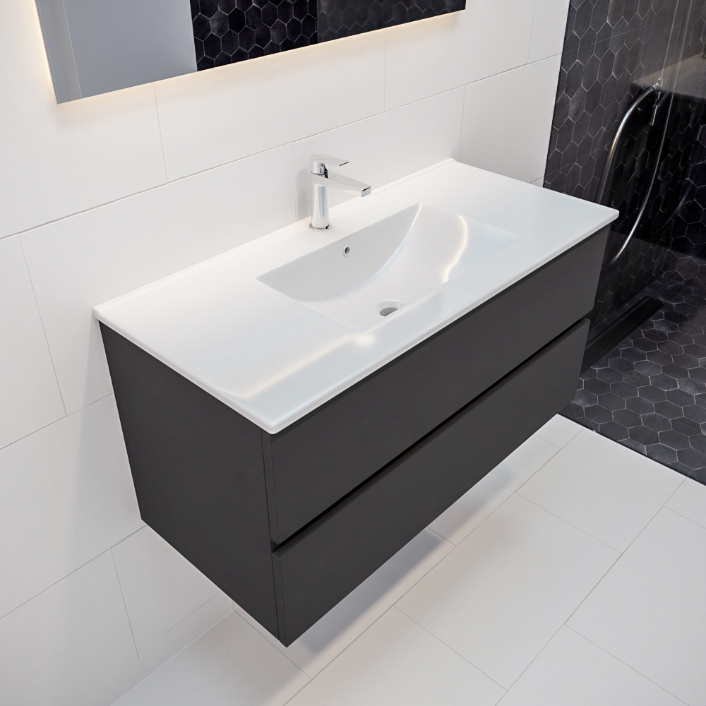 MONDIAZ VICA 100cm mueble de baño Dark Grey 2 cajones lavabo DENIA Centro 1 orificio con espejo LED. 1 MONDIAZ VICA 100cm mueble de baño Dark Grey 2 cajones lavabo DENIA Centro 1 orificio con espejo LED.