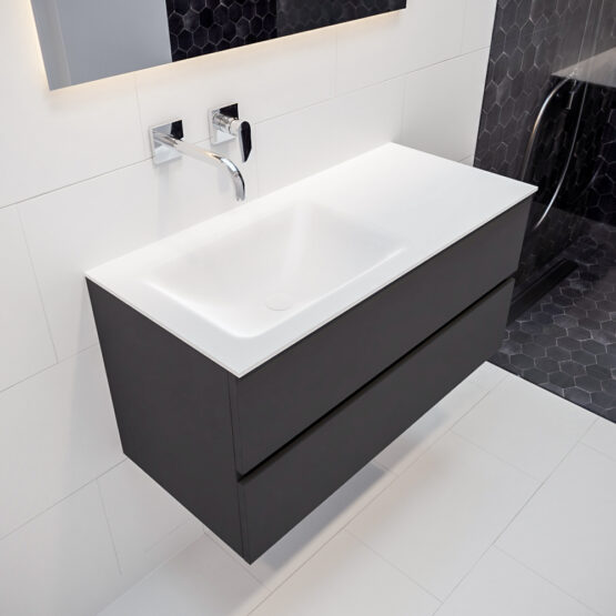 MONDIAZ VICA 100cm mueble de baño Dark Grey 2 cajones lavabo CLOUD Izquierda sin orificio con espejo LED.
